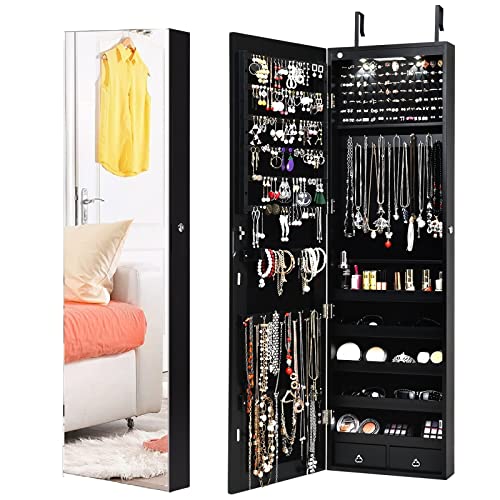 Byroce 47.5''H Jewelry Armoire, Over the Door/Wall Mounted, Full Length Mirror with Jewelry Storage, 2-LED Lockable Jewelry Cabinet with 2 Drawers, Hanging Jewelry Organizer for Bedroom (Black) - Black