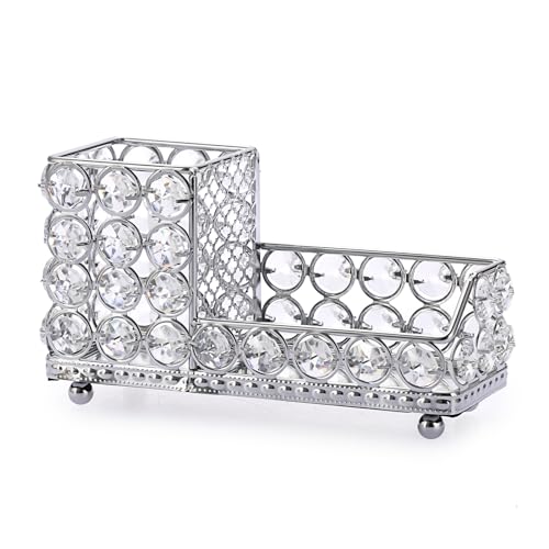 Hipiwe Crystal Business Card Stand Pen Pencil Storage Holder Cup 2-Slot Mirrored Business Card Holder for Desk Metal Desktop Name Display Organizer for Office Supplies Storage, Silver - 2 Slots, Silver