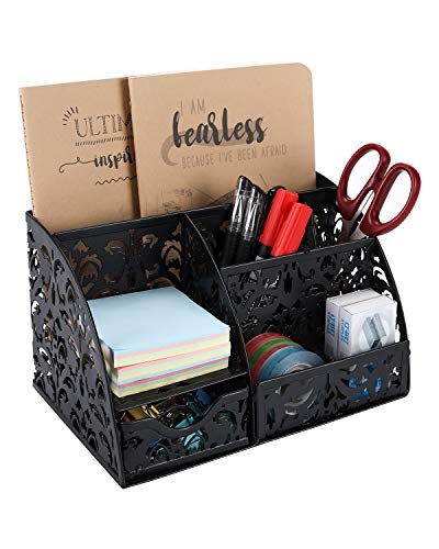 EasyPAG Office Desk Organizer Caddy with 6 Compartments and 1 Sliding Drawer Desktop Accessories Supplies Pen Holder for Home School Classroom,Black - (H Style)black