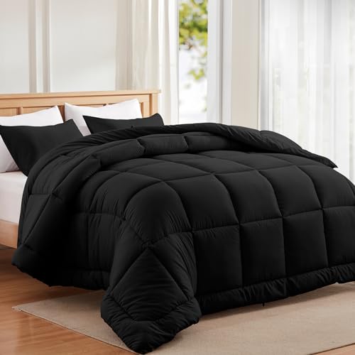 Mosluna Twin Size Comforter Set, 2 Piece Soft Bedding Sets for All Seasons, Bed Set with 1 Down Alternative Duvet Insert 68×88 Inches and Pillowcase (Twin, Black) - Black - Twin/Twin XL
