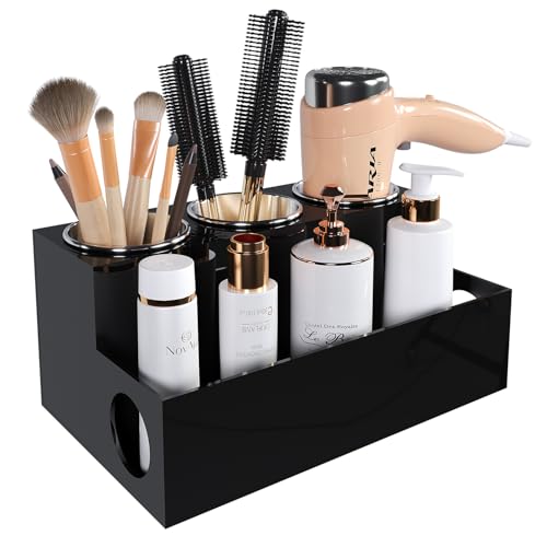 PITBVO Hair Tool Organizer, Black Acrylic Hair Dryer Holder with 3 Cups, Bathroom Supplies Countertop Blow Dryer Holder, Vanity Caddy Storage Stand for Accessories, Makeup, Toiletries - Black