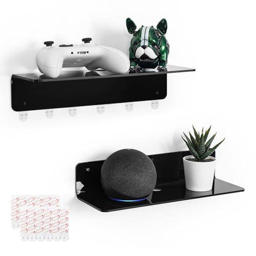 OAPRIRE Black Acrylic Floating Shelves Set of 2 - Damage Free Expand Wall Space - 12 Inch Wall Shelves with Strong Adhesive for Bathroom, Bedroom, etc - 12IN-2 PACK - Glossy Black