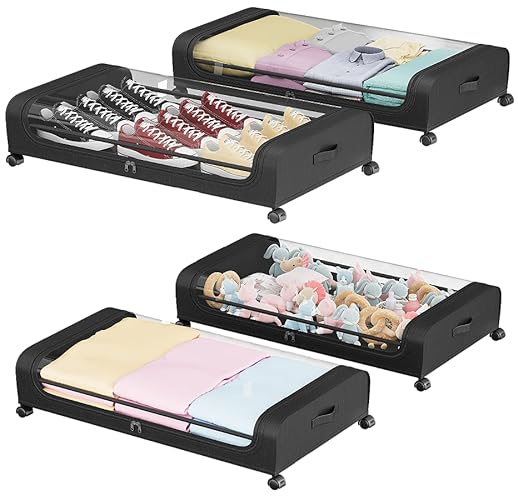 Uyokcnie Under Bed Storage Containers, Under Bed Shoe Storage With Wheels, Bedroom Storage Organization with Handles, Under Bed Storage Bins Drawer For Clothes, Blankets And Shoes, Bedding - Large-Black - 4 PACK