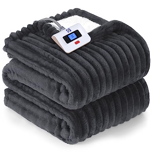 SEALY Electric Blanket Twin Size, Soft Ribbed Flannel to Sherpa Reversible Heated Blanket with 10 Heat Settings & 1 to 12 Hours Auto-Off Overheat Protection Machine Washable, 62"x84" Charcoal - Charcoal - Twin Size 62" x 84"