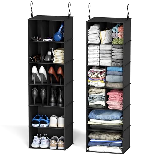 SpaceAid 2 Pack Hanging Closet Organizer and Storage with Dividers, 24 Compartments Hanging Shoe Shelves for Closet, Wardrobe, RV, Garment Rack - Black - Black