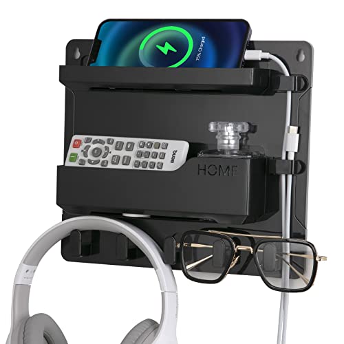 JUMEIHUI Bedside Shelf Wall Mount, Adhesive Bedside Shelf Accessories Organizer with Hooks and Cable Clips,Dorm Bedside Wall Storage for Phone, Remote, Earphone, Kindle,Plastic(Black) - Black