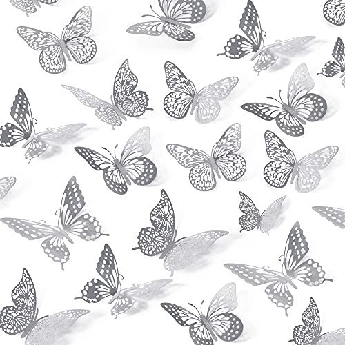 SAOROPEB 3D Butterfly Wall Decor, 48 Pcs 4 Styles 3 Sizes, Removable Metallic Wall Sticker Room Mural Decals for Kids Bedroom Nursery Classroom Party Decoration Wedding Decor DIY Gift (SLIVER) - 48 Pcs, Silver