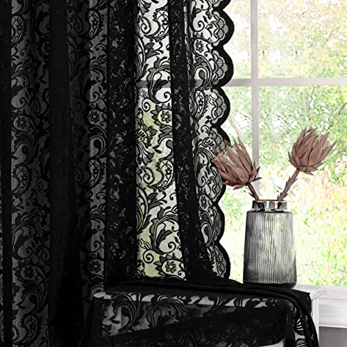 Bujasso Black Sheer Lace Curtains 63 inch Vintage Floral Sheer Window Curtain Panels for Living Room Bedroom Luxury Light Filtering Drapes Black Window Treatment Sets Grommet Top 2 Panels 54" Wx63 L - 54"x63"x2 - Grommet Black