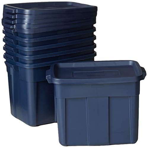 Rubbermaid Roughneck Tote 18 Gal - 6 Pack Made in the USA Dark Indigo Metallic, Rugged Plastic Stackable Storage Tote with Lid and Handles - Dark Indigo Metallic - 18 Gal - 6 Pack - Solid