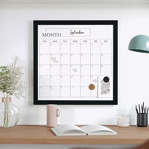Martha Stewart Everette Magnetic Monthly Calendar Dry Erase Board with Included Dry Erase Marker and 2 Magnets, 18" x 18", Black Woodgrain Frame - Black Woodgrain