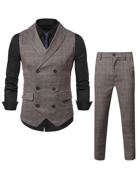 Men 1pc Glen Plaid Shawl Collar Waistcoat & 1pc Tailored Pants