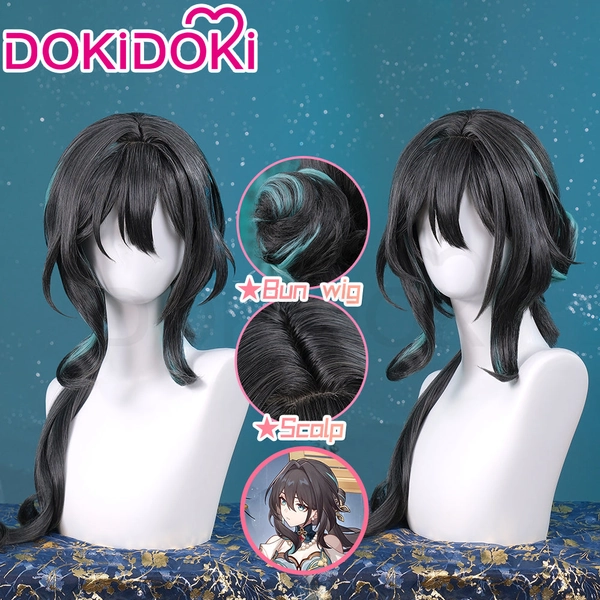 【Ready For Ship】DokiDoki Game Honkai: Star Rail Cosplay Ruan Mei Wig Long Curly Black Blue Highlight Hair Ruanmei