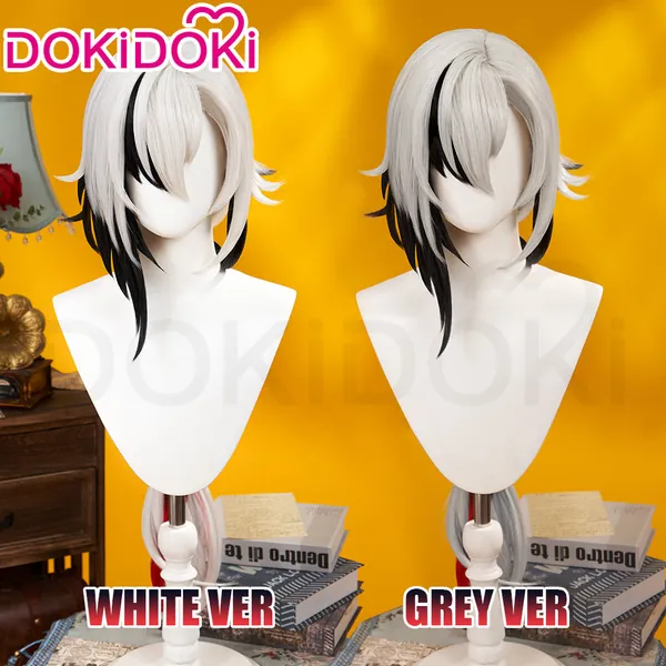 【White Ver Ready For Ship】DokiDoki Game Genshin Impact Fontaine  Fatui Harbinger Cosplay The Knave Arlecchino Wig Long Straight White Red Gradient Hair/ Ear Clip