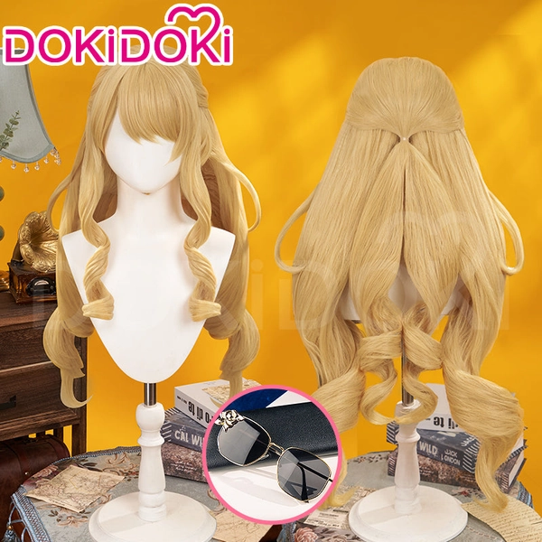 DokiDoki Game Genshin Impact Wig Cosplay Fontaine Navia Cosplay Wig Long Curly Yellow Hair / Sunglasses/ Weft