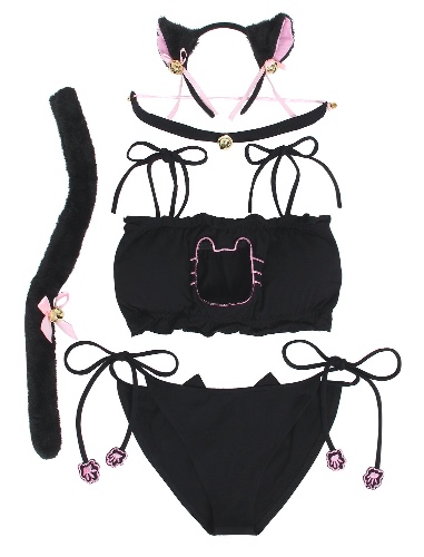 JustinCostume Women's Cosplay Lingerie Set Kitten Keyhole Cute Sexy Outfit - Small Black