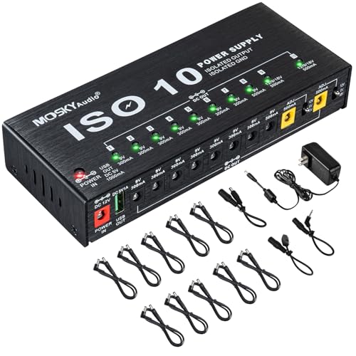 Mosky Guitar Pedal Power Supply 10 Isolated DC Output, 9V 12V 18V 300mA 500mA Effect Pedal Boards Power Supply with USB Port, Short Circuit Overcurrent Protection - 1345