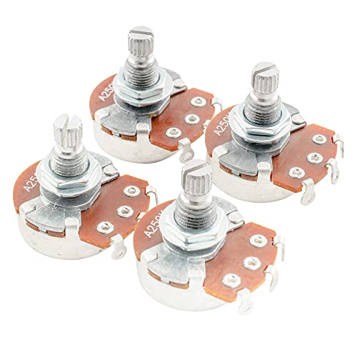 Alpha Full A250K Metric Potentiometers Split Shaft Audio Taper Pots for Electric Guitar or Bass (4 Pieces) - A250K