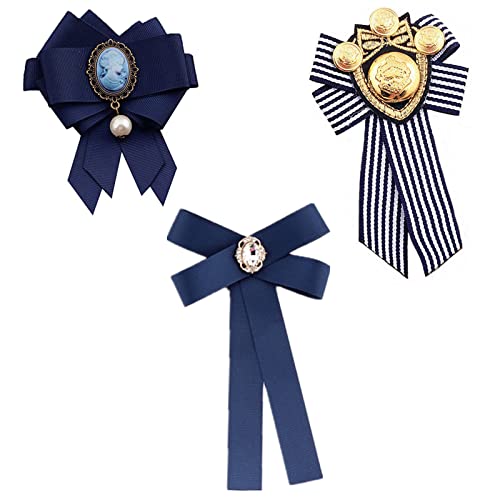 XHBTS Lot de 3 broches vintage pour femme - Broche en nœud - Broche bowknot perle - Bijoux pour mariage, fête, anniversaire, bijoux - Bleu - Rayures, Autre