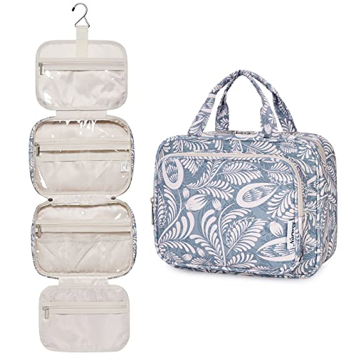 Narwey Hanging Travel Toiletry Bag for Women Wash Bag Cosmetics Makeup Bag Organizer for Travel Size Accessories (Blue Leaf (Medium)) - A-blue Leaf (Medium)