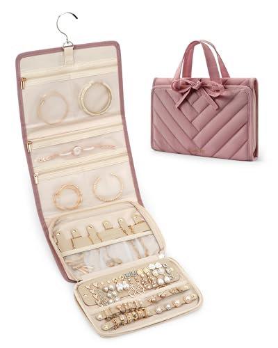 bagsmart Travel Jewellery Organiser Roll Lightweight Foldable Portable Jewelry Case for Journey-Rings, Necklaces, Bracelets, Earrings (Dark Pink) - Dark Pink
