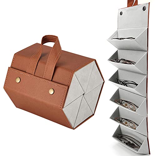 CHENKEE Sunglasses Storage Box, 6-Slot Travel Sunglasses Organizer PU Leather Eyeglasses Storage Case Foldable Glasses Hanging Display Box for Glasses Storage or Other Small Items - Brown