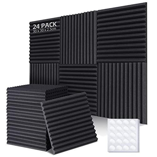 Ohuhu Acoustic Foam Panels 24 Pack with Double-Sided Tape, Sound Proofing Panels Soundproofing Foam Sound Absorbing Panels Fireproof for Recording Studios, Offices & Home, 1" X 12" X 12" - 24 Pack
