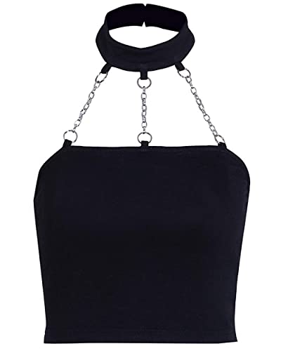 DINGJIUYAN Off Shoulder Gothic Black Tops Punk Matal Chain Patchwork Tops