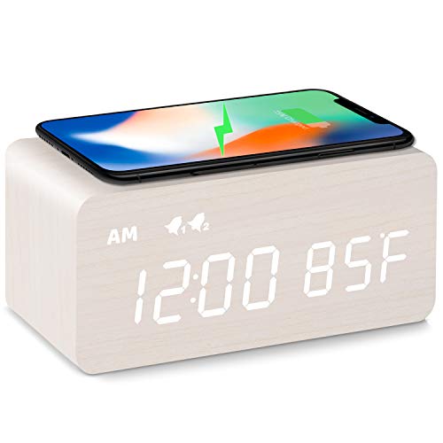MOSITO Digital Wooden Alarm Clock with Wireless Charging, 0-100% Dimmer, Dual Alarm, Weekday/Weekend Mode, Snooze, Wood LED Clocks for Bedroom, Bedside, Desk, Kids (White) - White