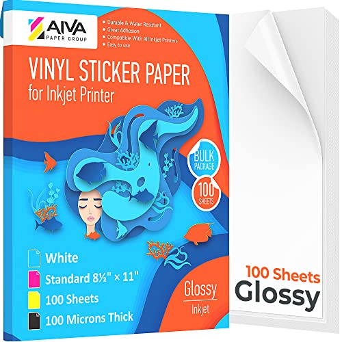 Printable Vinyl Sticker Paper - Waterproof Decal Paper for Inkjet Printer - 100 Self-Adhesive Sheets - Glossy White - Standard Letter Size 8.5"x11" - 100