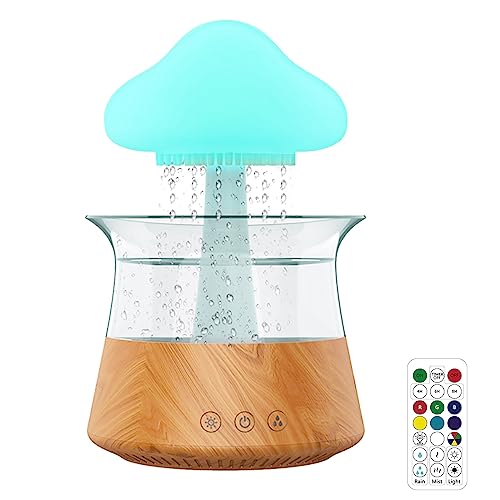 PAIKOE Cloud Rain Humidifier, Colorful Light Raindrop Aroma Diffuser Humidifiers with 7 Color Changing Lights Desktop Fountain Water Drop Sound for Home Office (Wood + Remote Control) - Wood + Remote Control