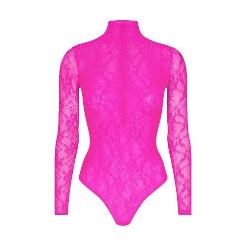 STRETCH LACE LINED LONG SLEEVE THONG BODYSUIT | NEON PINK