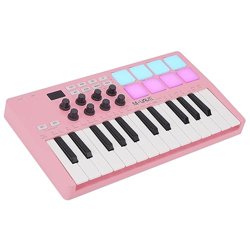 M-WAVE 25 Key USB MIDI Keyboard Controller With 8 Backlit Drum Pads, Bluetooth Semi Weighted Professional dynamic keybed 8 Knobs and Music Production,Software Included (Pink) - Pink