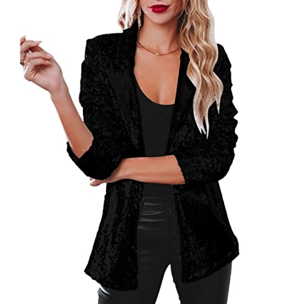 Fazoacou Women Sequin Jacket Glitter Sparkle Open Front Casual Long Sleeve Blazer Coat