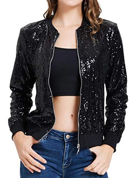 KANCY KOLE Womens Sequin Jacket Casual Long Sleeve Front Zip Party Bomber Blazer with Pockets S-2XL
