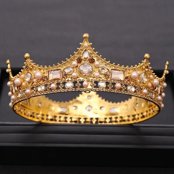 Couronne ronde en or, diadèmes et couronnes en cristal de mariée Royal Queen King Diadem Mariée Mariage Perles Cheveux Bijoux Affichage Tête Ornements Tiare Cadeau