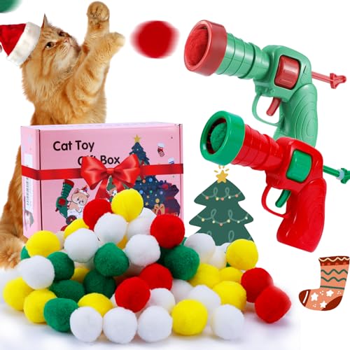 Hggha Christmas Cat Toy Balls with 2 Launchers, Xmas Cat Gift Box, Interactive Kitten Toys for Indoor Cats Self Play, Suitable for Training and Playing. Funny, Puzzle, Furry. - Red/Green - 2 Launchers
