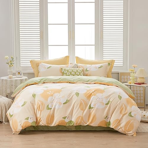 SAPHREAS Camellia Flowers 100% Cotton 3 Piece Yellow Bedding Comforter Duvet Cover Set 1 Duvet Cover 2 Pillow Shams Super King Size - Super King - Camellia Flower