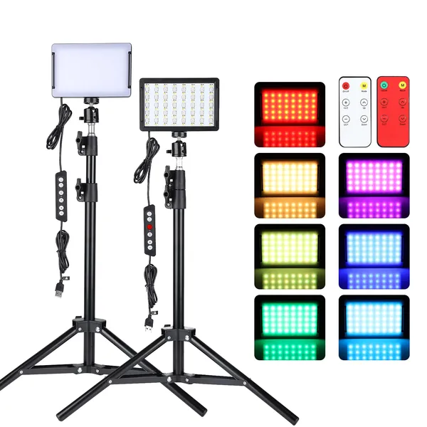Led Video Light for Camera, RGB Photography Lighting Kit (2 Packs) with Adjustable Tripod Stand/Remote,Dimmable 6500K for Desktop Filming/Streaming/Video Conferencing/Studio Shooting