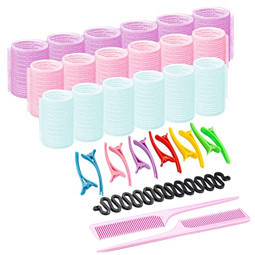 Bellucci 33 Pieces Hair Rollers Set-Self Grip Curler Rollers- 18 Pieces Rollers of 3 Different Sizes Which Includes 44mm, 30mm and 22mm-12 Pieces Duckbill Sectioning Clips-2 Combs and a Braid