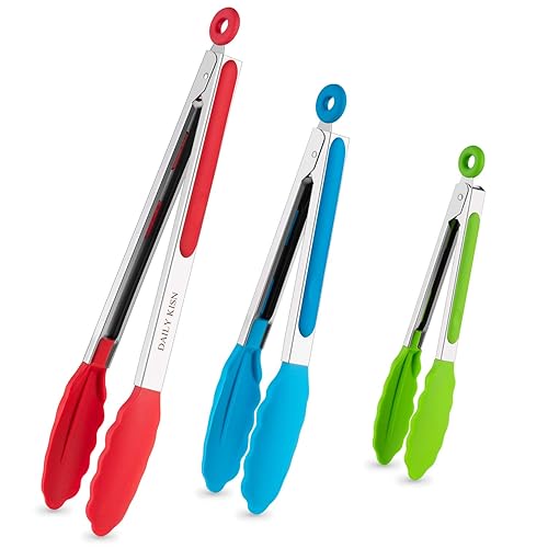 Kitchen Tongs Set of 3, Cooking Tongs with Silicone Tips, Stainless Steel Buffet Tongs, Non-Stick Non-Scratch Heat Resistant Tongs for Grilling Cooking BBQ Salad Serving (Multicolor, 7/9/12 Inch) - Rgb, 7/9/12 Inch