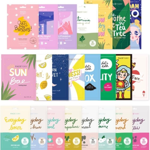 FACETORY 23 Sheet Mask Collection - Hydrating, Moisturizing, Radiance Boosting, Soothing, Redness Relief - For All Skin Types, Made in Korea, Variety Pack of 23 Sheet Masks