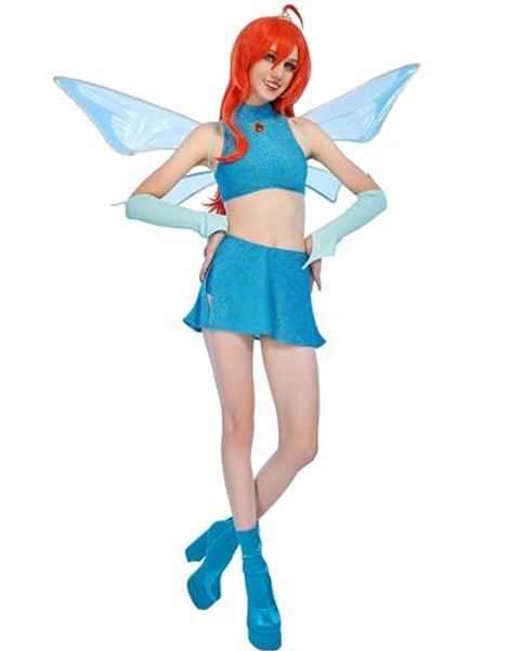 Winx Club Women's Bloom Cosplay Costume Outfit Top and Skirt with a Pair of Wings