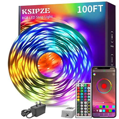 KSIPZE 100ft Led Strip Lights RGB Music Sync Color Changing,Bluetooth Led Lights with Smart App Control Remote,Led Lights for Bedroom Room Lighting Flexible Home Décor - 100FT