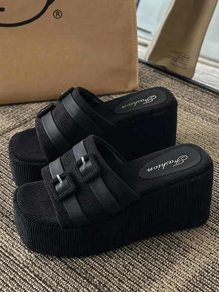 Elegant Black Sandals For Women, Faux Suede Buckle Decor Wedge Slide Sandals