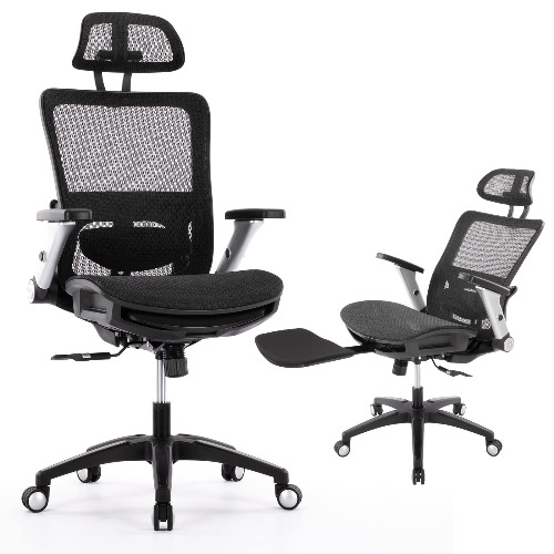 Ergonomic Mesh Office Chair with Footrest, High Back Computer Executive Desk Chair with Headrest and 4D Flip-up Armrests, Adjustable Tilt Lock and Lumbar Support-Black - Black