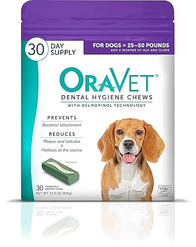ORAVET Dental Chews for Dogs, Oral Care and Hygiene Chews (Medium Dogs, 25-50 lbs.) Purple Pouch, 30 Count - 2.08 Pound (Pack of 1)