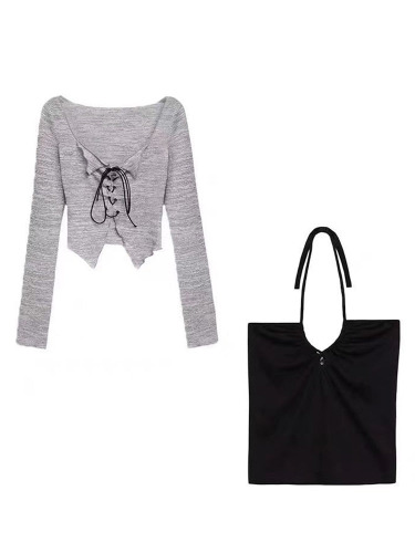 Your Bullet' Black Long Sleeve Lace Up Crop Top - Black/Grey / L