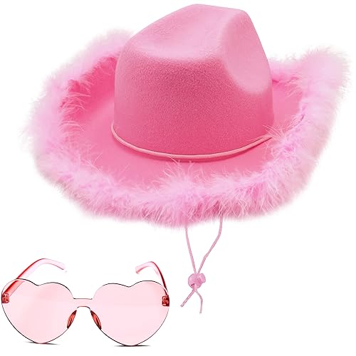 4E's Novelty Cowboy Hat with feathers With Heart Shaped Sunglasses for Women, Felt Cowgirl Hat for Party Costume Dress Up - Pink