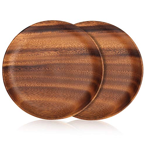 2 Pcs 10 Inch Acacia Wood Dinner Plates for Eating Wooden Round Charcuterie Boards Serving Platters for Food Dishes Cheese Tray Dessert Salad Plate Wood Charger Plates - 10 inch
