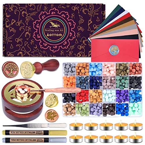 Wax Seal Stamp Kit with Gift Box, Aottom Wax Letter Seal Kit with 24 Colors 650 Pcs Wax Seal Beads, Sealing Wax Warmer, Envelopes, Candles, Wax Stamp, Metallic Pen for Gift and Decoration